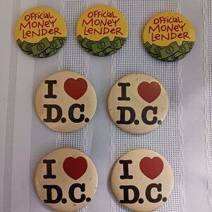 Bag of 7 Official Money Lender & I Love D.C. Pinback Buttons